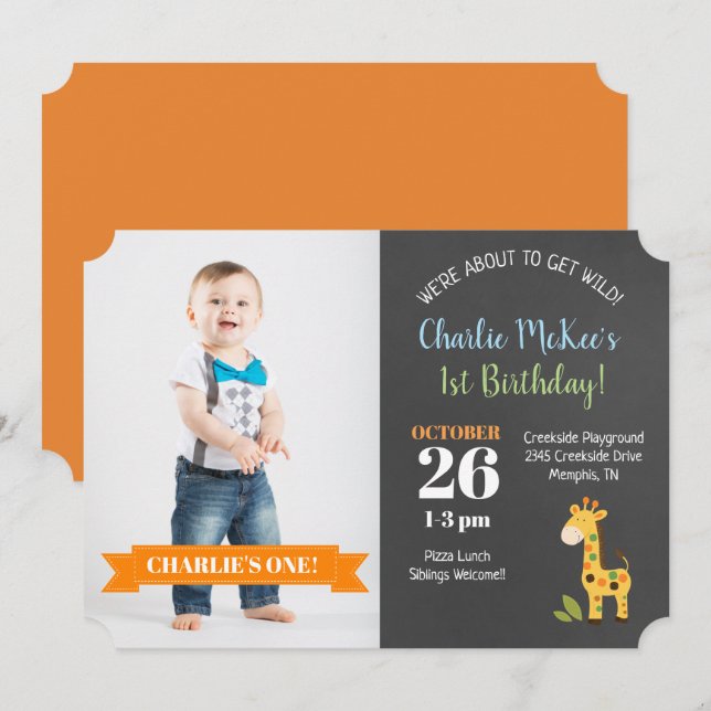 Jungle Giraffe Chalkboard Birthday Die Clie Inbjud Inbjudningar (Fram/baksida)