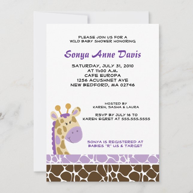 Jungle Giraffe Print (Lila) Baby Shower Inbjudan (Framsida)