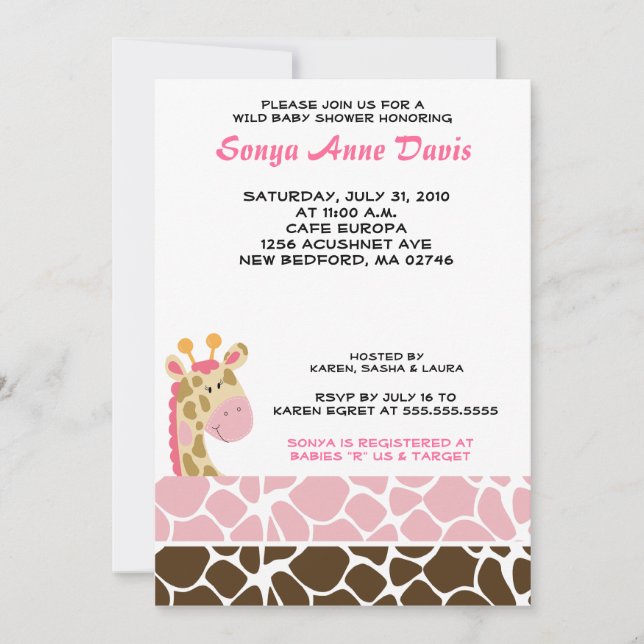 Jungle Giraffe Print (Rosa) Baby Shower 5x7 Inbjud Inbjudningar (Framsida)