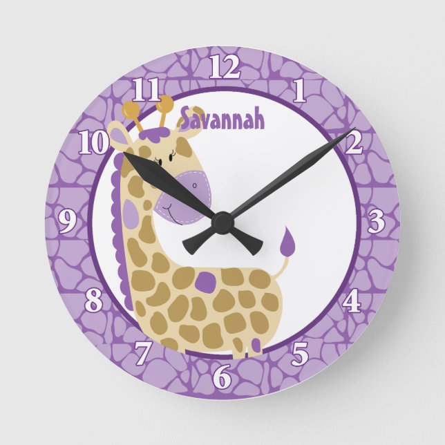 Jungle Giraffe Wall Clock (Lila) Lägg till en Namn Rund Klocka (Framsida)