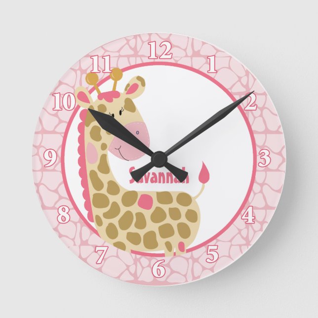 Jungle Giraffe Wall Clock (Rosa) Lägg till en Namn Rund Klocka (Framsida)