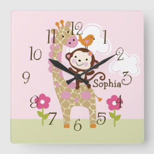 Jungle Girl Animal Barn Baby Nursery Clock Fyrkantig Klocka