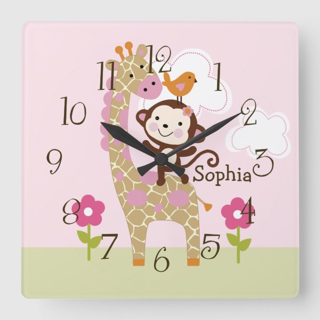Jungle Girl Animal Barn Baby Nursery Clock Fyrkantig Klocka (Framsida)