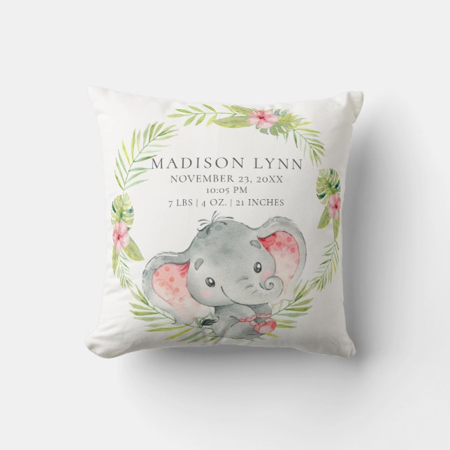Jungle Girl Elephant Baby Birth Stats Pillow Kudde (Framsida)