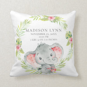 Jungle Girl Elephant Baby Birth Stats Pillow Kudde