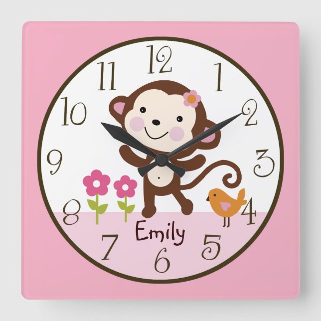 Jungle Girl Monkey Barn Baby Nursery Clock Fyrkantig Klocka (Framsida)