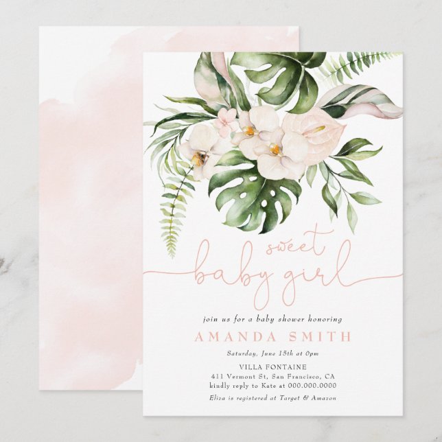 Jungle Greenery Rosa Blommigt Sweet Girl Baby Show Inbjudningar (Fram/baksida)