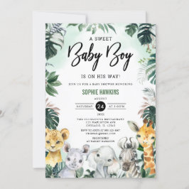  Jungle Greenery Vild Safari Animals Baby Shower Inbjudningar
