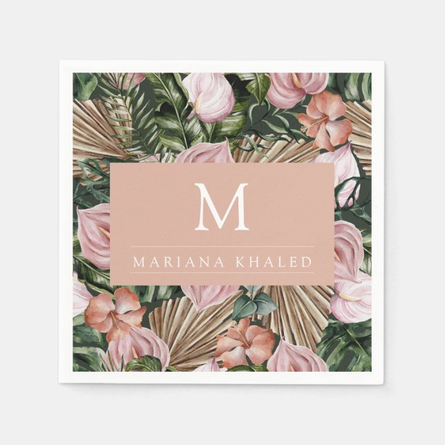 Jungle handflatan löv regnskogar rosa grönt pappersservett (Framsidan)
