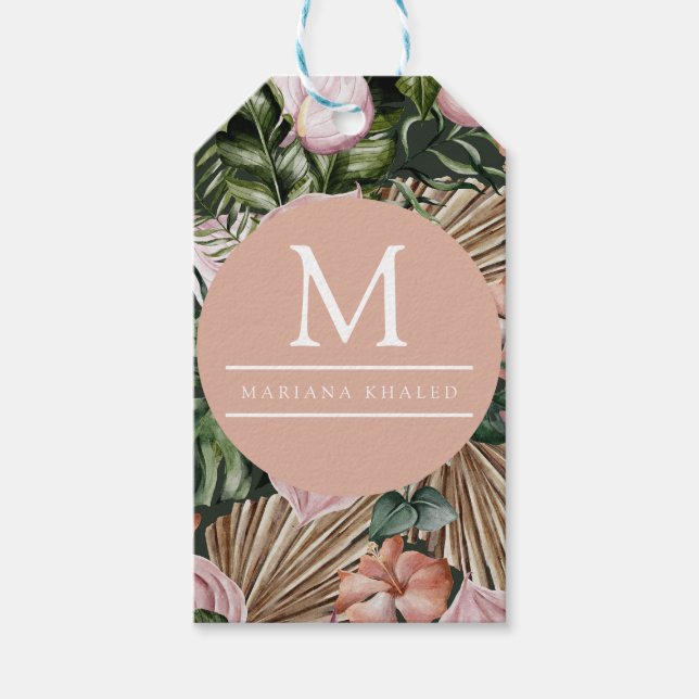 Jungle handflatan löv regnskogar rosa grönt presentetikett (Framsidan)