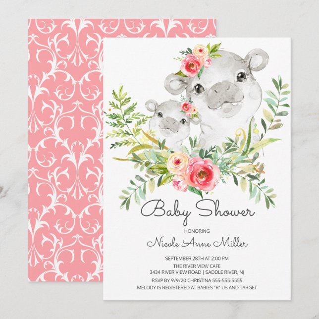 Jungle Hippo Baby Shower-inbjudan Inbjudningar (Fram/baksida)