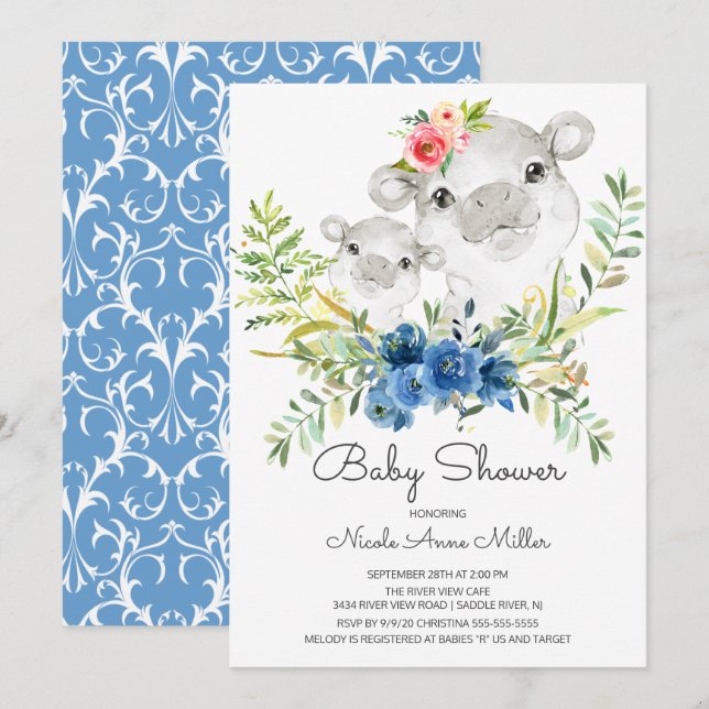 Jungle Hippo Baby Shower-inbjudan Inbjudningar (Fram/baksida)