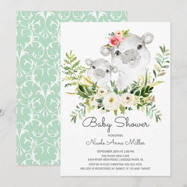 Jungle Hippo Baby Shower-inbjudan Inbjudningar (Fram/baksida)