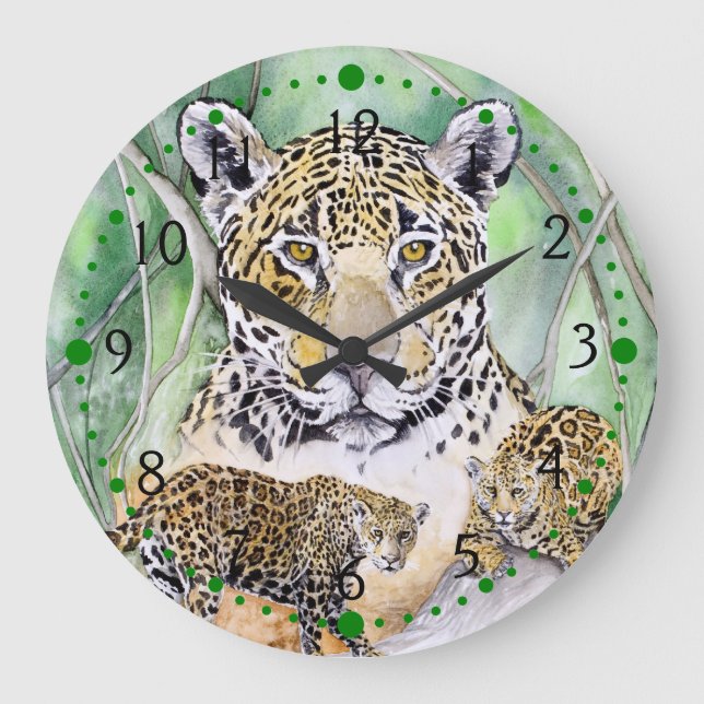 Jungle Jaguar Watercolor Fine Art Stor Klocka (Framsida)