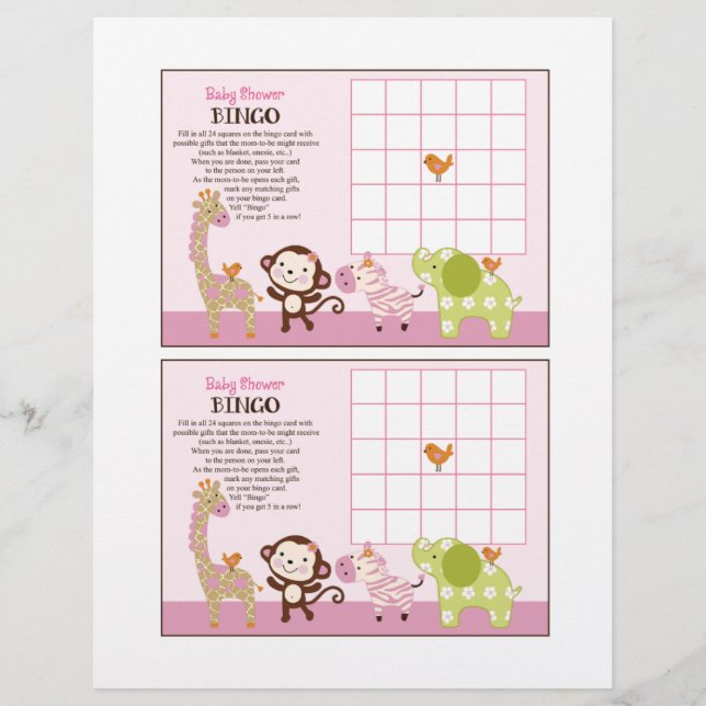 Jungle Jill Girl Animals "Baby Shower Bingo" lakan (Framsida)