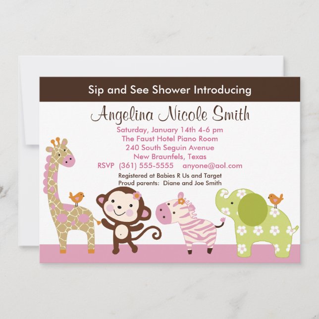 Jungle Jill/Girl Animals Sip & Se inbjudan (Framsida)