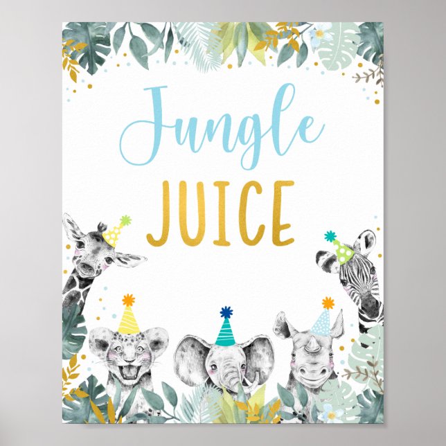 Jungle Juice Blue Guld Party Animal Birday Sign Poster (Framsidan)