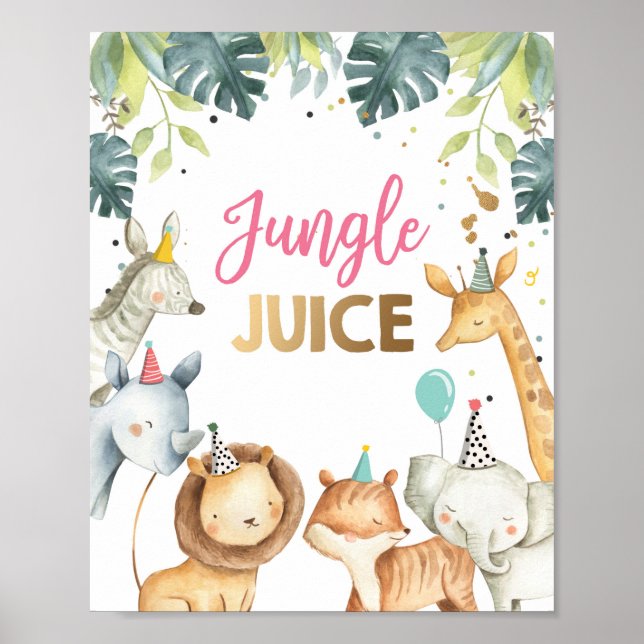 Jungle Juice Safari Animals Vild Girl Birthday Poster (Framsidan)
