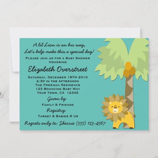 Jungle Kung Lejonare Teal Boy Baby Shower Zoo Safa Inbjudningar (Framsida)