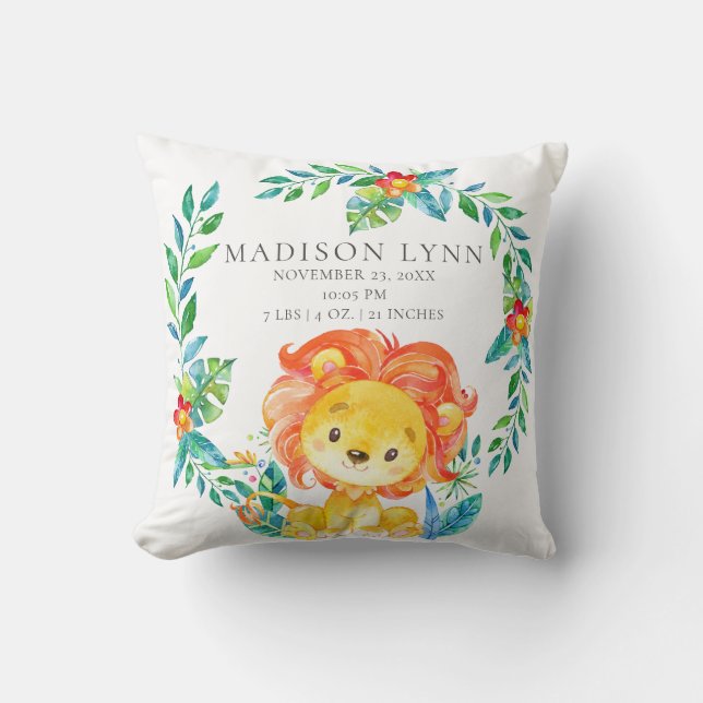 Jungle Lejon Baby Birth Stats Pillow Kudde (Framsida)