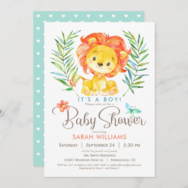 Jungle Lejon Baby Shower, Boy eller Girl Inbjudningar (Fram/baksida)