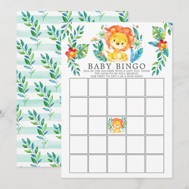 Jungle Lejon BINGO Baby Shower Game Inbjudningar (Fram/baksida)