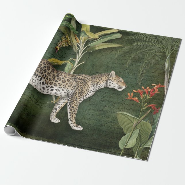 Jungle Leopard Tropical Blommigt in Foliage Decoup Presentpapper (Utrullad)