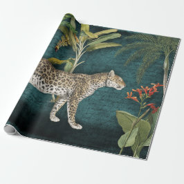 Jungle Leopard Tropical Blommigt Teal Blue Decoupa Presentpapper