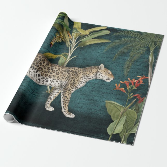 Jungle Leopard Tropical Blommigt Teal Blue Decoupa Presentpapper (Utrullad)