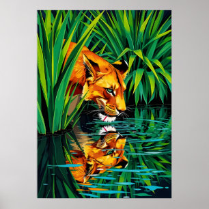 Jungle Lioness Reflection - Vibrant Vatten Art Poster