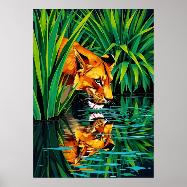Jungle Lioness Reflection - Vibrant Vatten Art Poster (Framsidan)