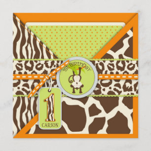 Jungle Monkey First Birthday Inbjudan Orange