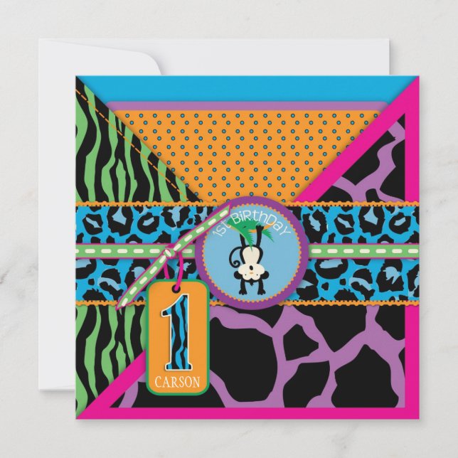 Jungle Monkey First Birthday Inbjudan Vild (Framsida)