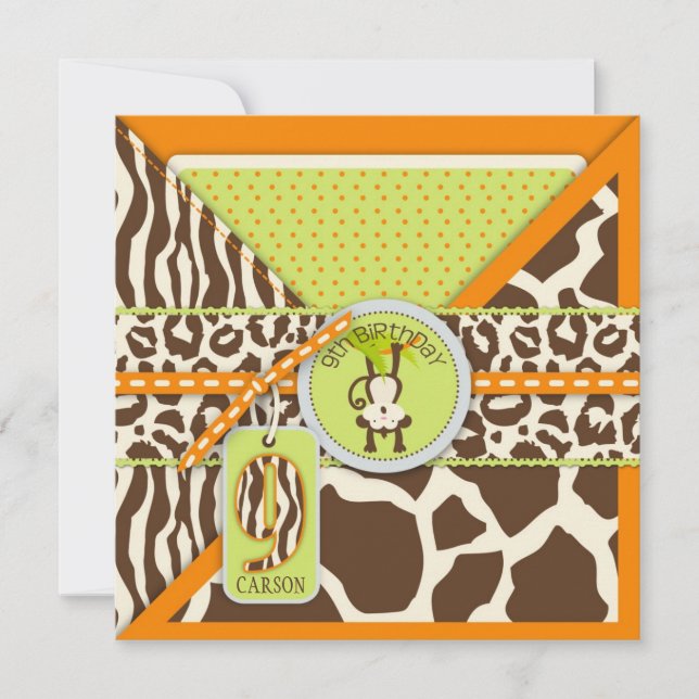 Jungle Monkey Nineth Birthday Inbjudan Orange (Framsida)