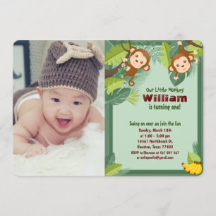 Jungle Monkey Safari Animal Boy Birthday Photo Inbjudningar