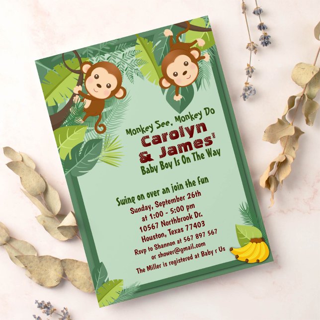 Jungle Monkey Safari Animal Couple Baby Shower Inbjudningar (Skapare uppladdad)