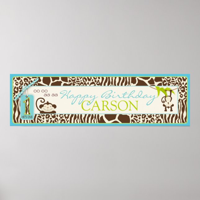Jungle Monkey Safari First Birthday Banner Blue Poster (Framsidan)