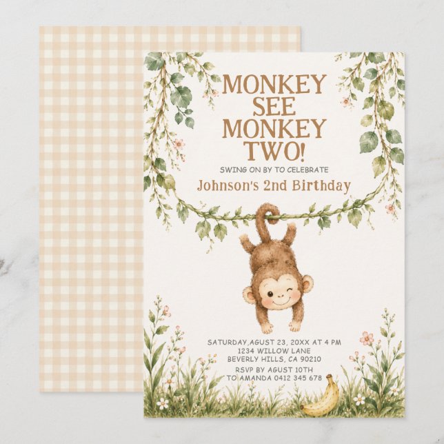 Jungle Monkey Se Monkey Two 2-års födelsedags Pojk Inbjudningar (Fram/baksida)