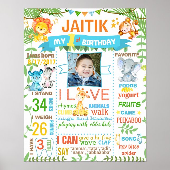 Jungle Monkey Zoo First Birthday chalkboard-skylt Poster (Framsidan)