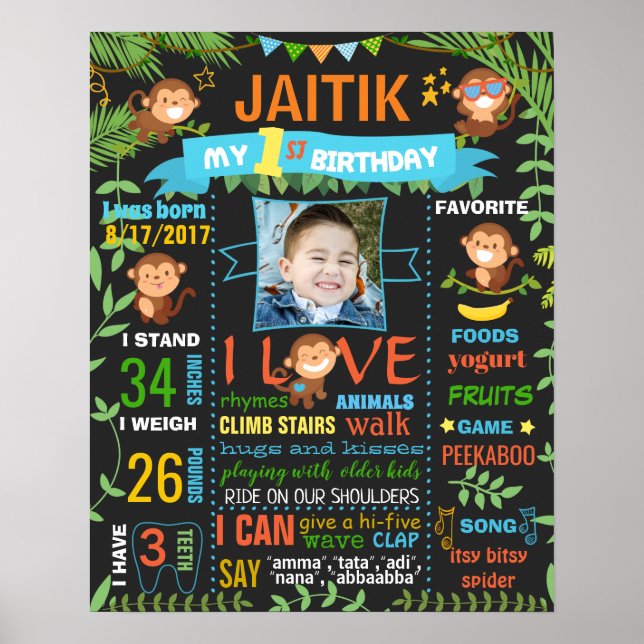 Jungle Monkey Zoo First Birthday chalkboard-skylt Poster (Framsidan)