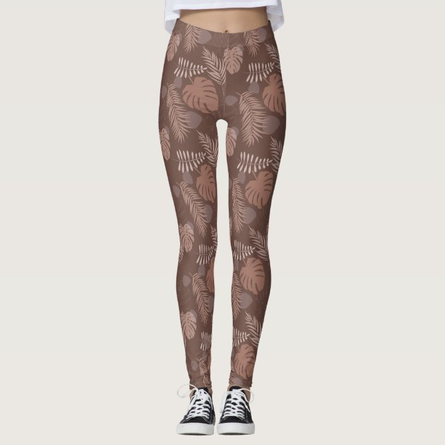 Jungle Monstera Mocha Mousse Coffee Brown Leggings (Framsida)