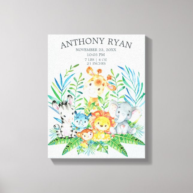 Jungle Nyfödd bebis Keepsaké Birth Stats Canvas (Framsida)