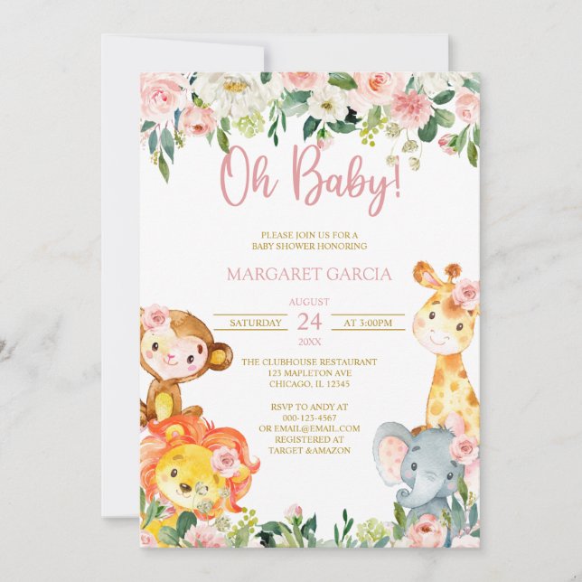 Jungle Oh Flicka Safari Animals Baby Shower Inv Inbjudningar (Framsida)