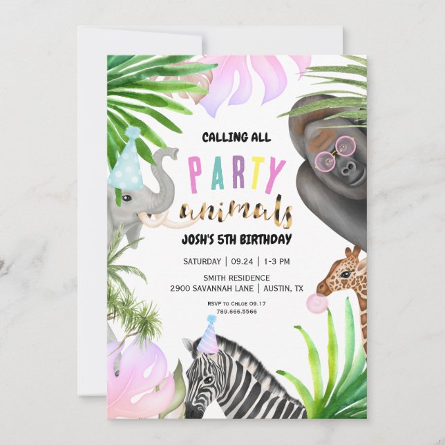 Jungle Party Animals Birthday Inbjudningar (Framsida)