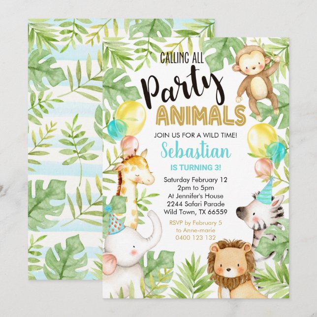 Jungle Party Animals Investigation Jungle Birthday Inbjudningar (Fram/baksida)