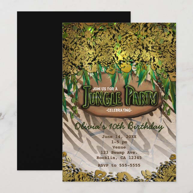 JUNGLE PARTY Guld Glam Djungeltryck Inbjudningar (Fram/baksida)