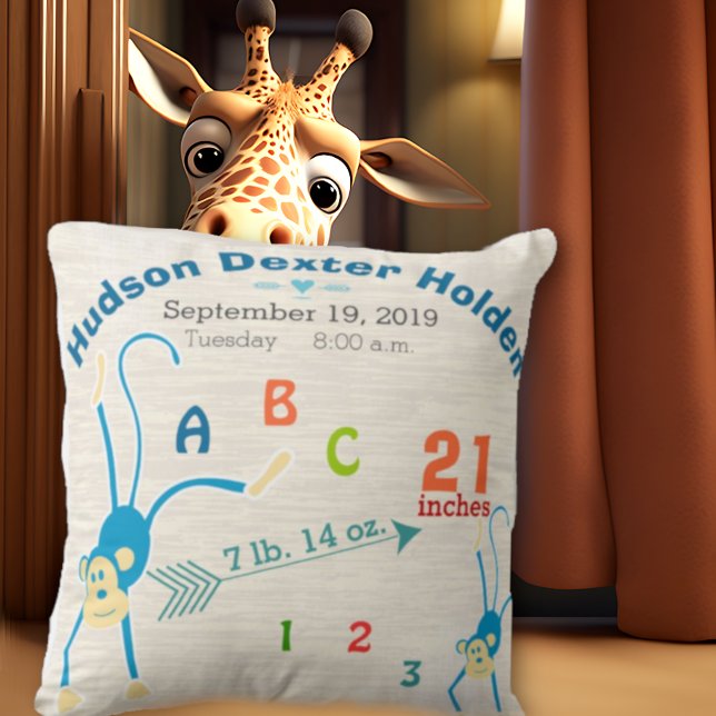 Jungle Pojke Nursery Birth Stat Monkey Cute Kudde (Skapare uppladdad)