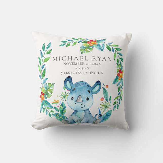 Jungle Rhino Baby Birth Stats Pillow Kudde (Framsida)