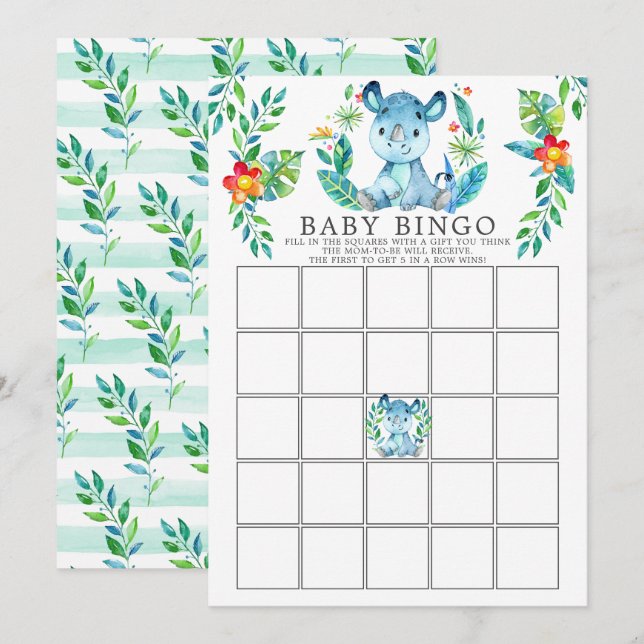 Jungle Rhino BINGO Baby Shower Game Inbjudningar (Fram/baksida)