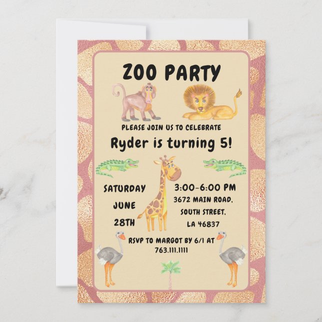 Jungle Roligt Awaits: Kids Zoo Party Birthday Inbjudningar (Framsida)